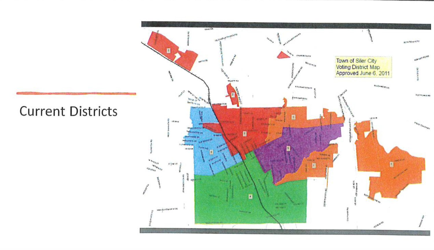 Screenshot from Siler City Board of Commissioners Monday presentation on redistricting.